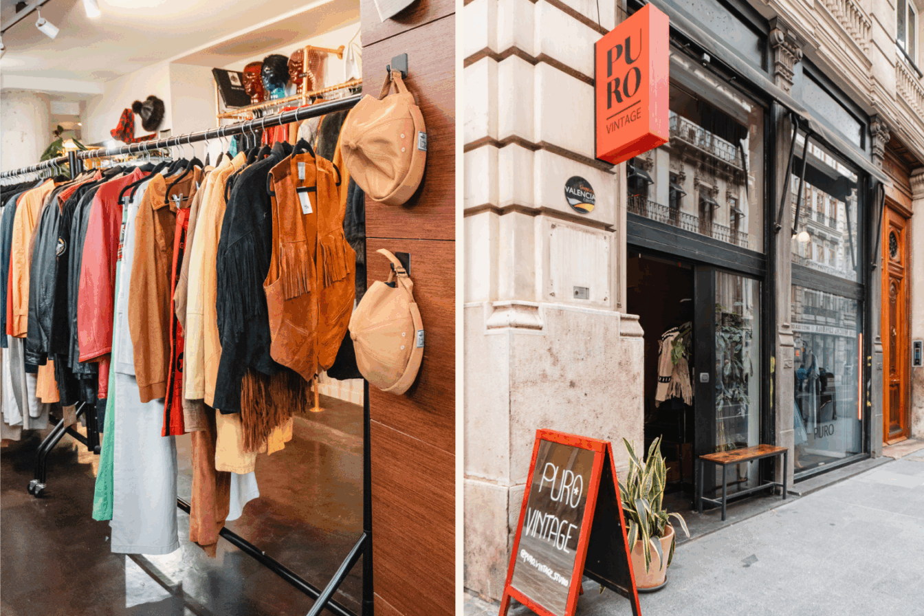 Eine Collage aus dem Puro Vintage in Valencia, die Kleiderstangen und das Geschäft von außen zeigt.