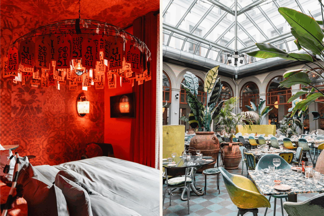 Das Inferno-Zimmer und Restaurant im 25hours Hotel Florence Piazza San Paolino.