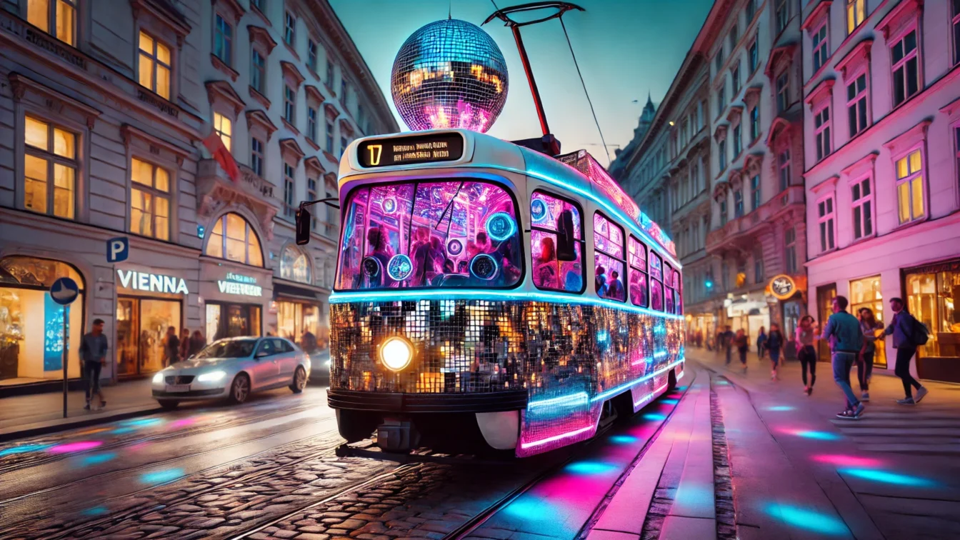 eine KI-generierte Straßenbahn in Disko-Optik fährt durch Wien