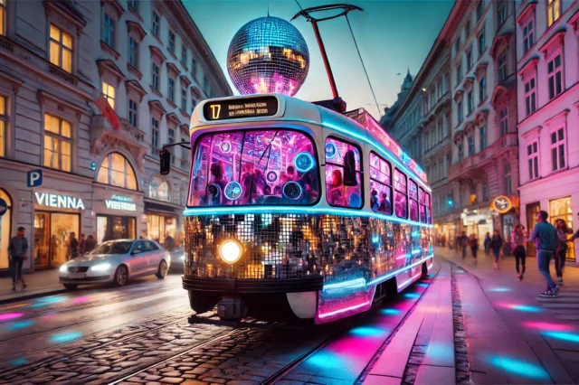 eine KI-generierte Straßenbahn in Disko-Optik fährt durch Wien