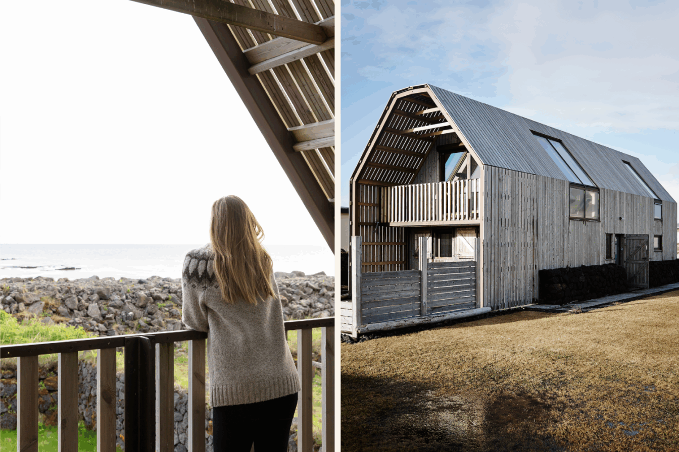 Eine Collage vom Barn House auf Island, die das Haus von außen sowie den Blick vom Balkon zeigt.