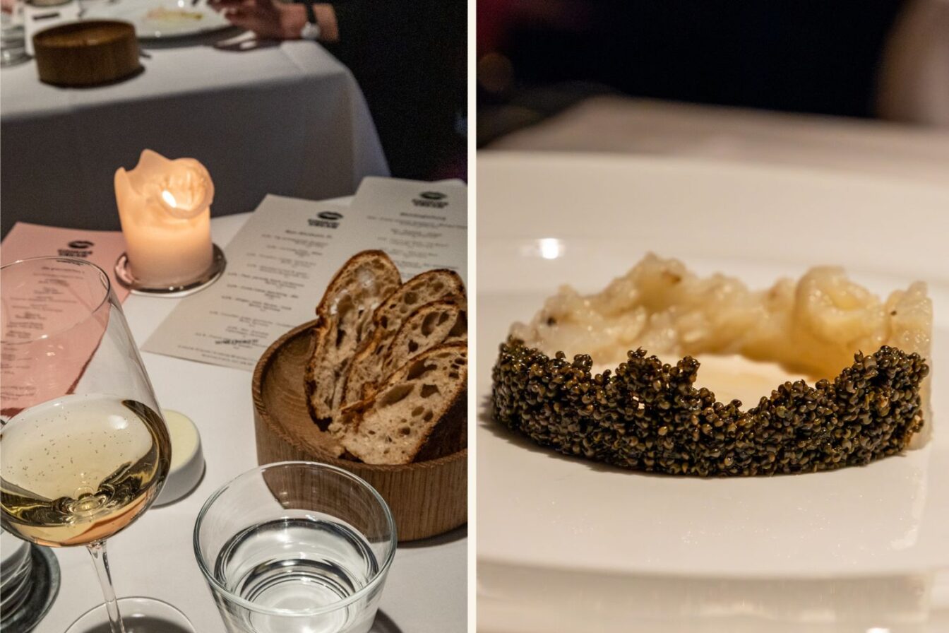 Links ein elegant gedeckter Tisch mit Kerzenschein, Brot in einer Holzschale, Wasser- und Weinglas sowie einer Menükarte. Rechts ein kunstvoll angerichtetes Gericht mit einer hellen Creme, umrandet von einer Kruste aus gepufftem Getreide oder Samen – filigran und modern angerichtet.