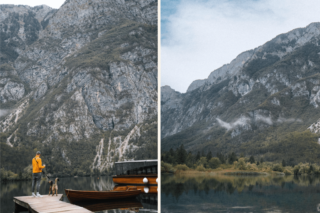 Eine Collage vom Lake Bohinj im Triglav Nationalpark.