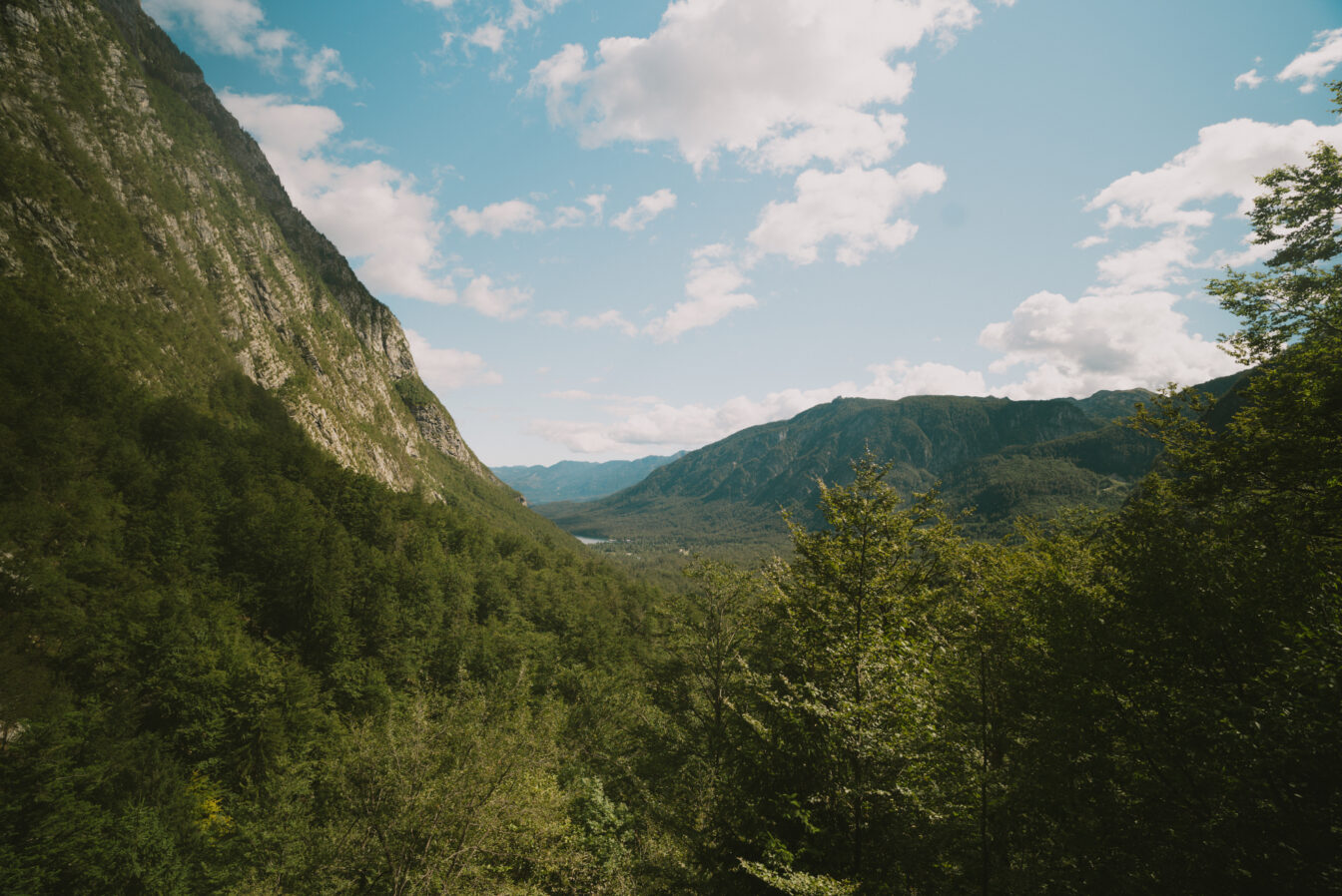 Blick über den Triglav-Nationalpark vom Savica Wasserfalla aus.