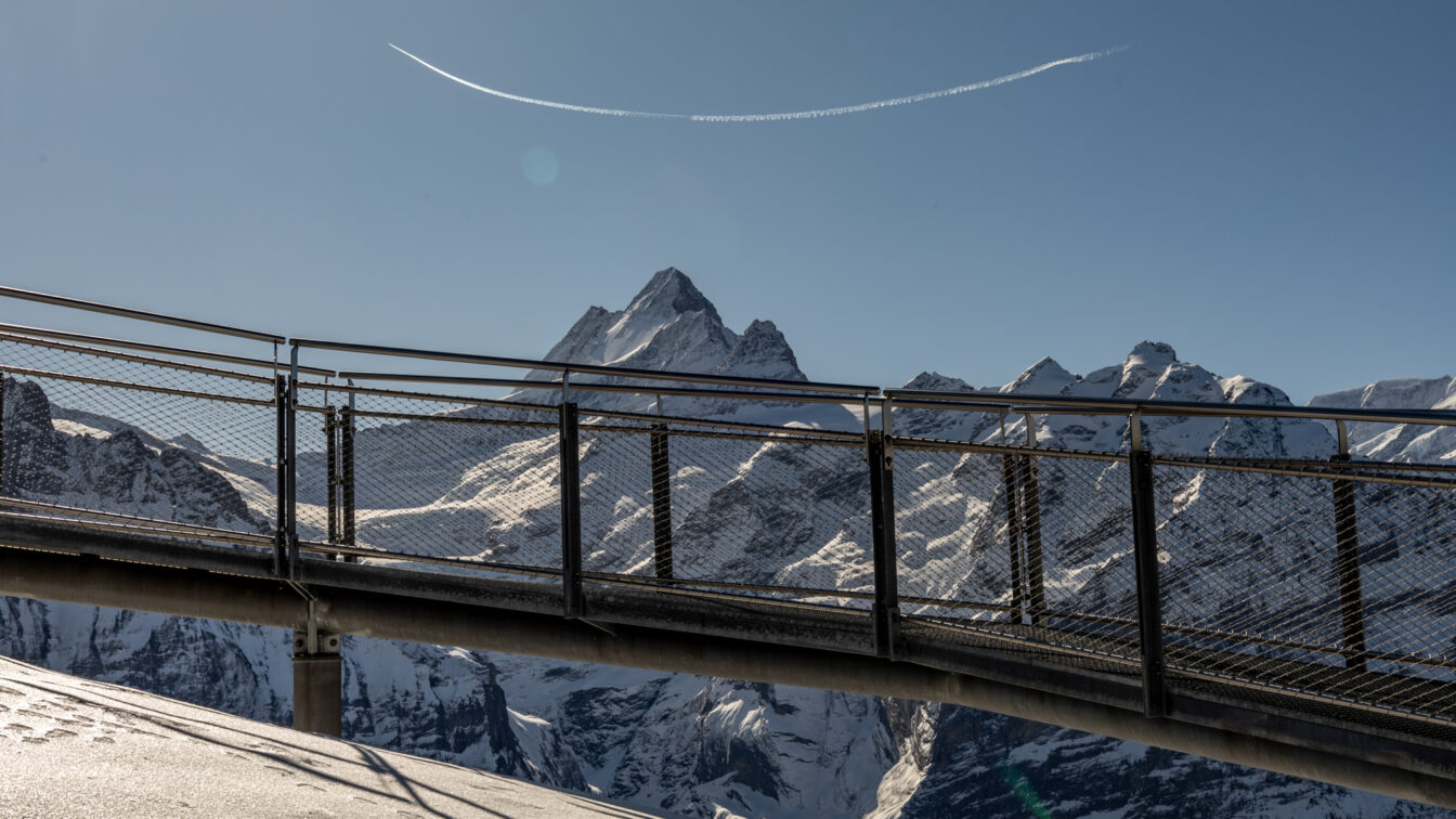 Schneebedeckte Hügellandschaft unter strahlend blauem Himmel – stille, weitläufige Winterkulisse rund um Grindelwald-First.