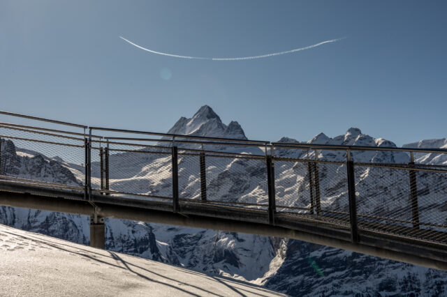 Schneebedeckte Hügellandschaft unter strahlend blauem Himmel – stille, weitläufige Winterkulisse rund um Grindelwald-First.