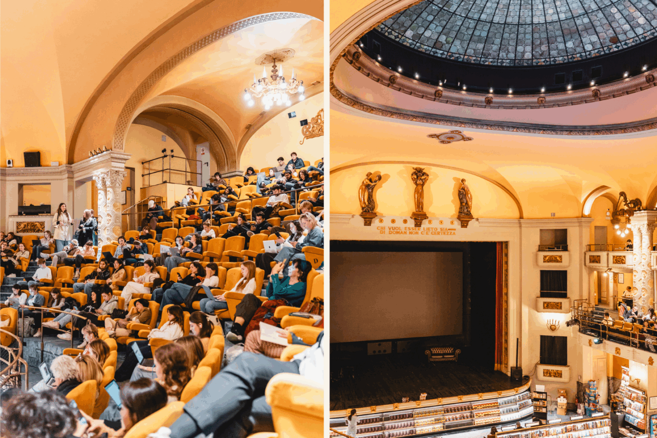 Eine Collage aus zwei Bildern aus dem Giunti Odeon in Florenz.