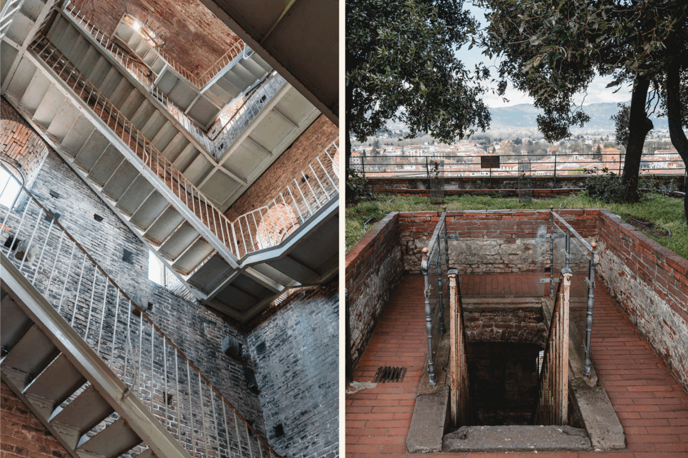 Eine Collage vom Torre Guinigi in Lucca, auf denen das Treppenhaus und die Luke zum Dach zu sehen sind.