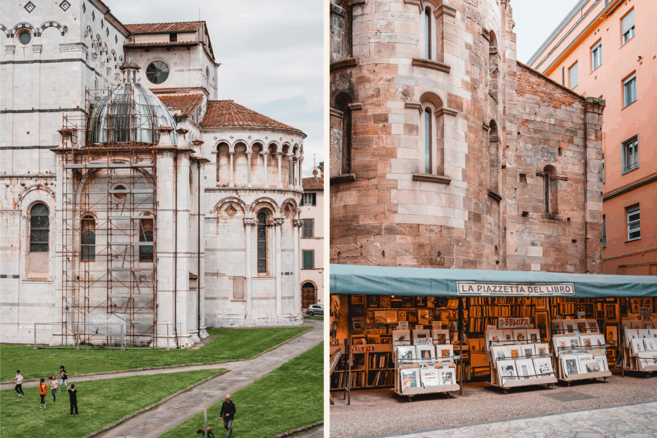 Eine Collage aus Lucca in der Toskana mit einer Kathedrale und einem Büchermarkt.