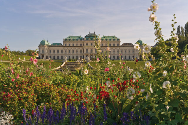 Außenansicht Schloss Belvedere mit Frühlingsblumen im Vordergrund