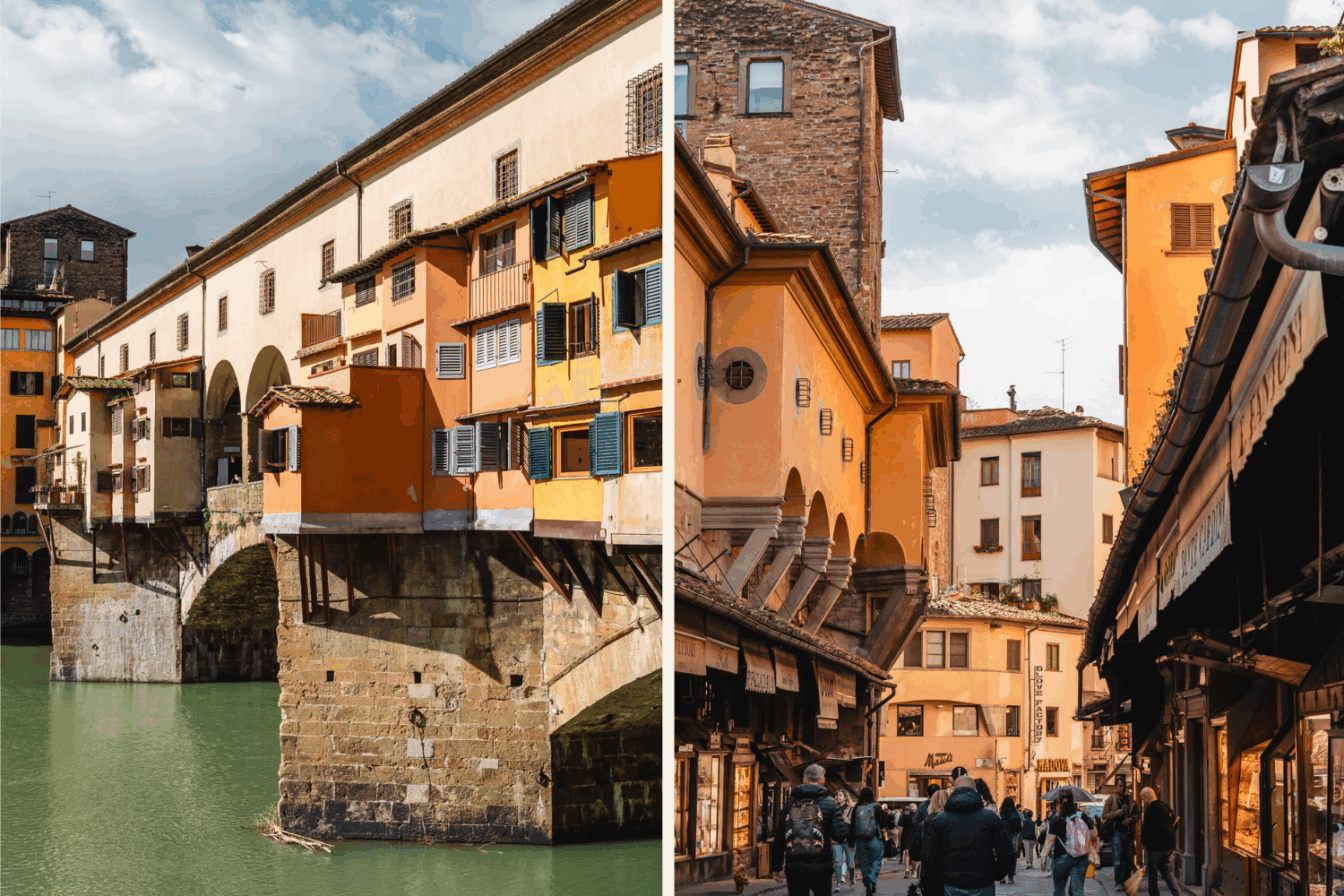 Eine Collage von der Ponte Vecchio, welche die berühmte florentinische Brücke von vorne und mittendrin zeigt.