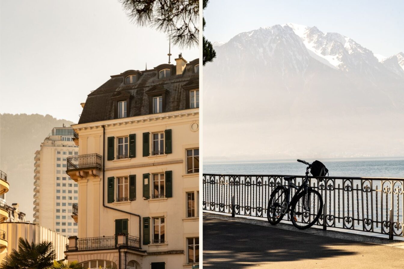 Ruderboot auf dem Genfersee vor Alpenkulisse, eingerahmt von Palmen in Montreux, Schweiz