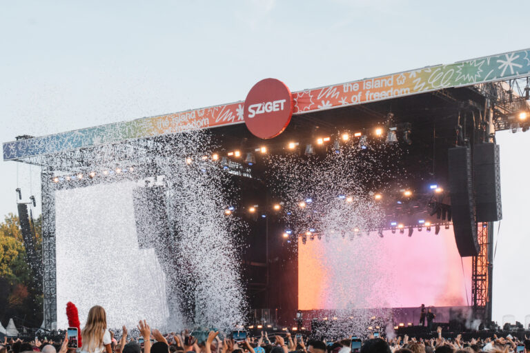jubelnde Menge mit erhobenen Händen vor einer Festivalbühne