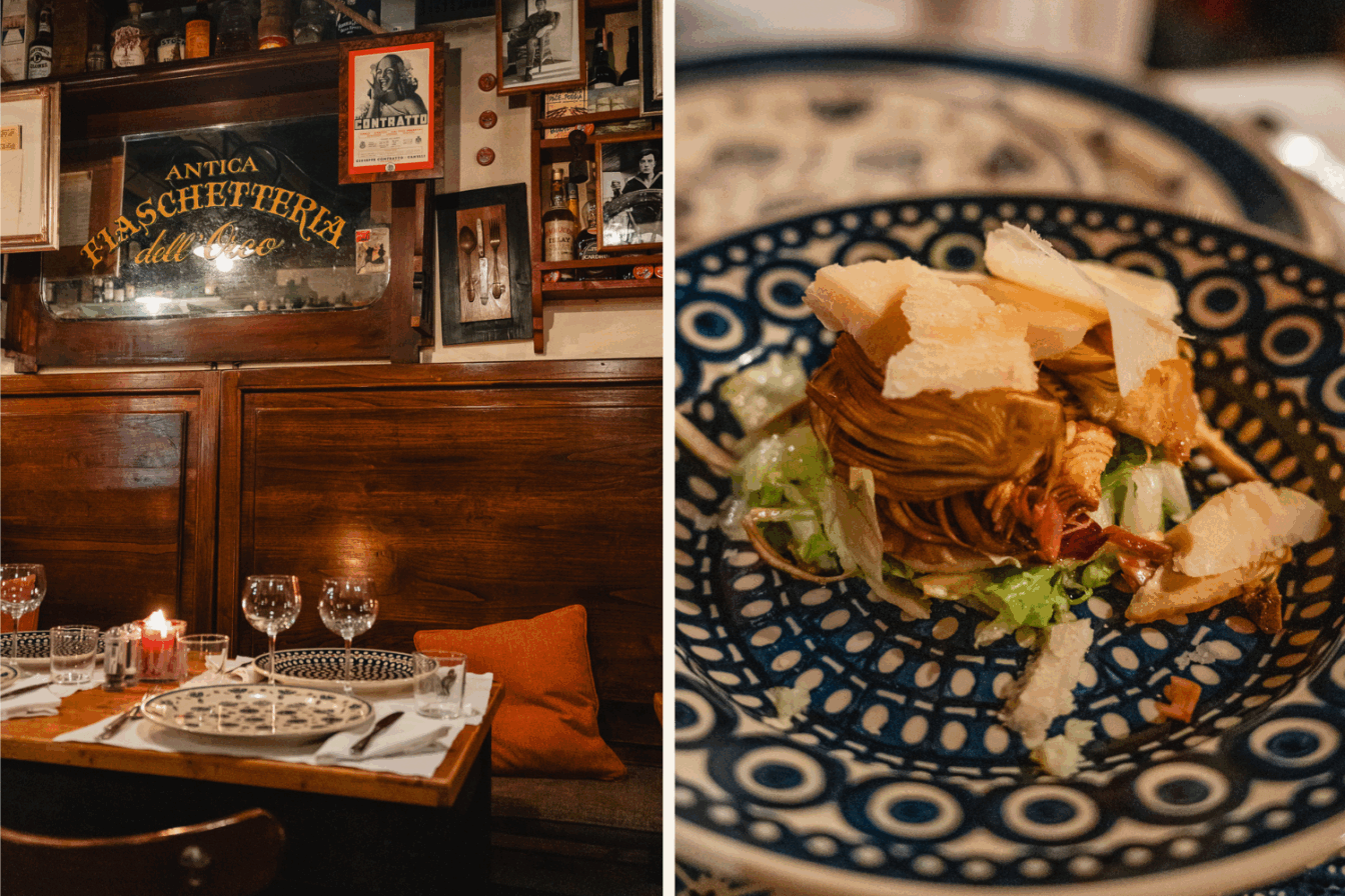 Eine Collage aus der Tarttoria 13 Gobbi, die das Lokal sowie eine Vorspeise zeigt.