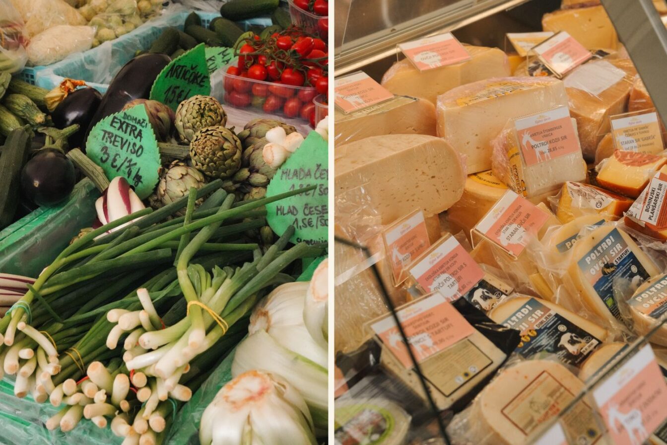 Ljubljana Markt mit verschiedenen Ständen mit Obst, Gemüse, Käse und Fisch.