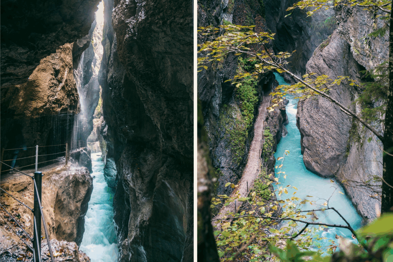 Eine Collage, die wildes Wasser in der Partnachklamm zeigt.