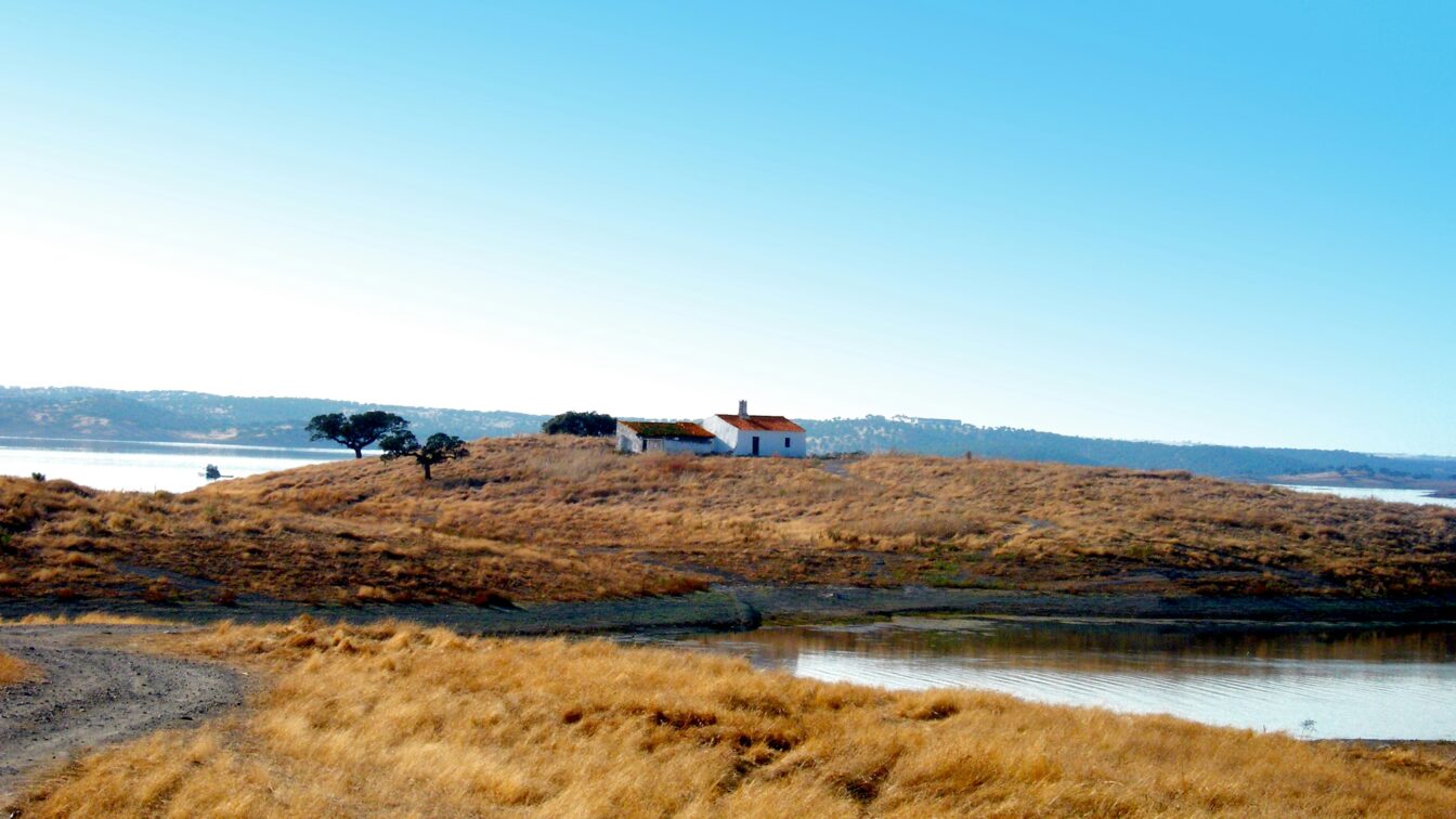 Ein kleines weißes Haus mit rotem Ziegeldach steht einsam auf einem sanften Hügel in einer trockenen, goldgelben Landschaft in Portugal. Im Hintergrund glitzert ein ruhiger See, vereinzelt wachsen Bäume. Der Himmel ist klar und blau, die Szene wirkt friedlich und weitläufig.