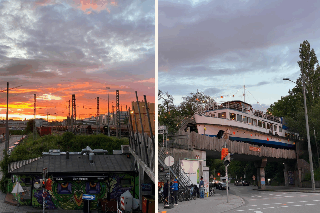 Sonnenuntergang vom Schiff auf einer Brücke aus: Alte Utting im Schlachthofviertel.