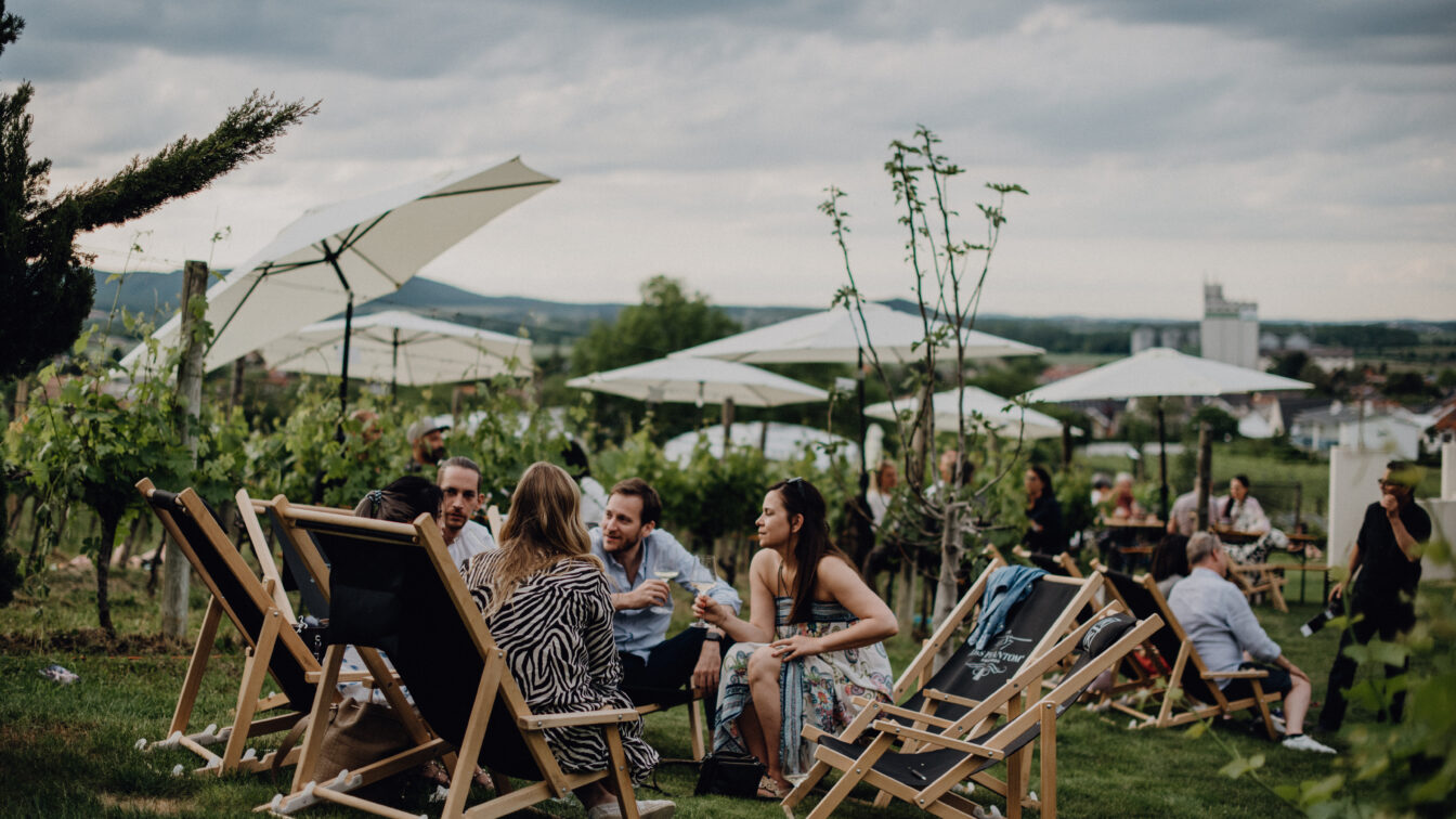 Menschen sitzen auf Liegen im Sommer im Weingarten des Weinguts Kirnbauer