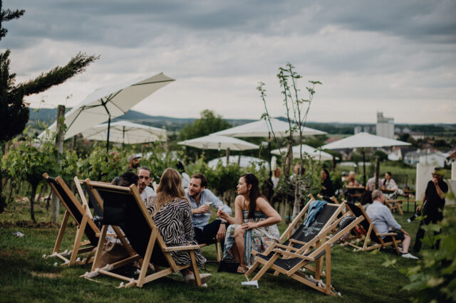 Menschen sitzen auf Liegen im Sommer im Weingarten des Weinguts Kirnbauer