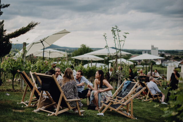 Menschen sitzen auf Liegen im Sommer im Weingarten des Weinguts Kirnbauer