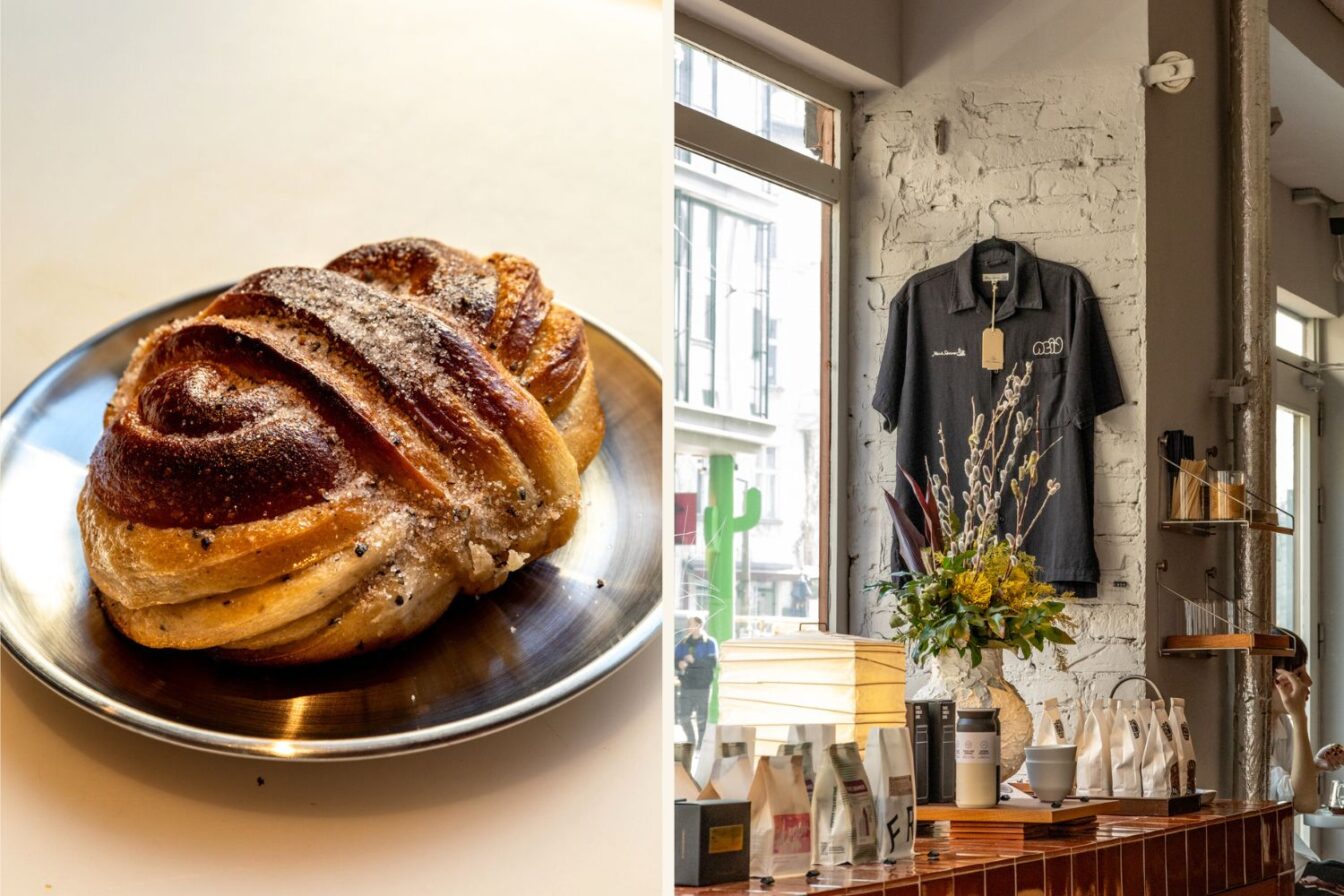 Links eine Zimtschnecke im Café Acid in Berlin Mitte, recht ein Teil des Shops. 