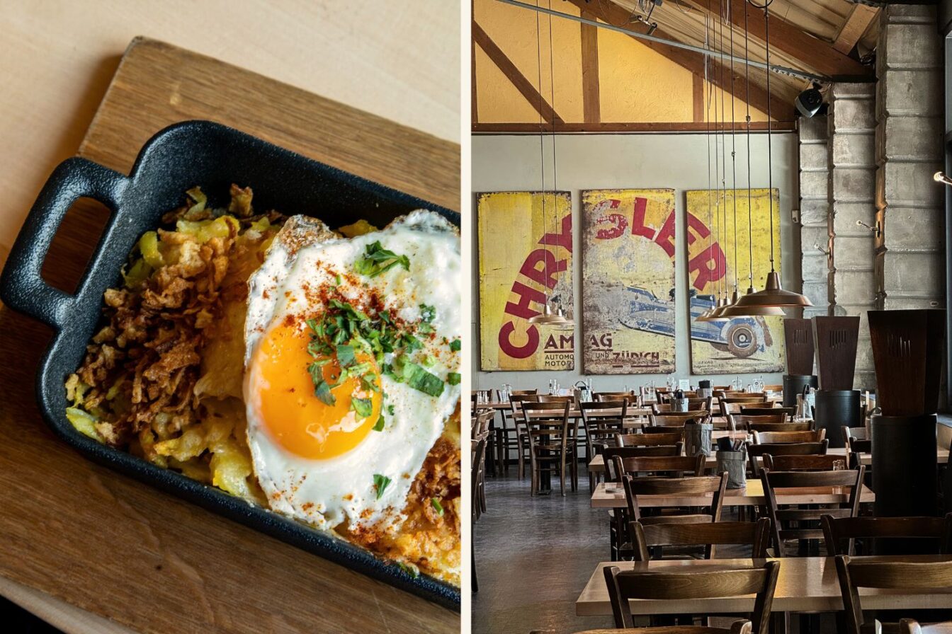 Herzhaftes Schweizer Gericht mit Spiegelei und Rösti im Gusseisentöpfchen, serviert im Alten Tramdepot Bern – einem beliebten Brauerei-Restaurant mit rustikalem Industrie-Charme und Blick auf die Aare. Das Ambiente mit Vintage-Postern, Holztischen und warmem Licht schafft eine gemütliche Atmosphäre. Das Tramdepot ist bekannt für seine hauseigenen Biere und deftige Küche – ein kulinarischer Tipp für Genussmenschen in der Hauptstadt.