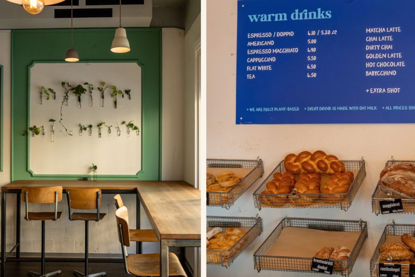 Innenraum der Bakery Bakery in Bern mit gemütlichem Sitzbereich, Pflanzen-Deko an der Wand, veganem Kaffee-Menü mit Hafermilch und frischem Gebäck wie Zöpfen und Krustenbrot in Drahtkörben – modernes Café mit nachhaltigem Konzept.