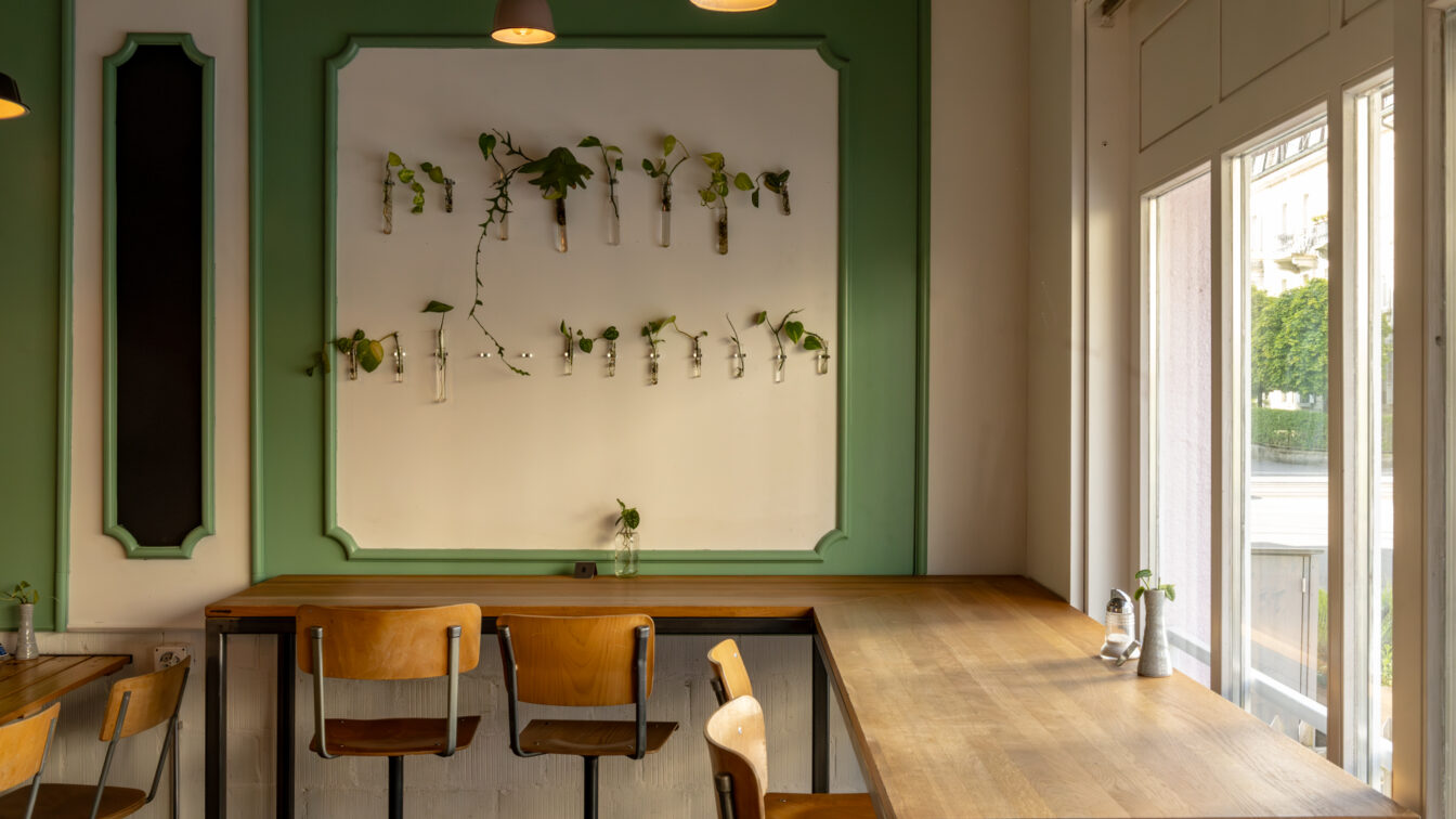 Gemütlicher Innenraum eines modernen Cafés in Bern mit Holz- und Industriemöbeln, minimalistischer Pflanzen-Deko, großer Fensterfront und entspannter Atmosphäre – ideal für Frühstück, Lunch oder Kaffee in einem der stylischen Restaurants und Bars der Stadt.