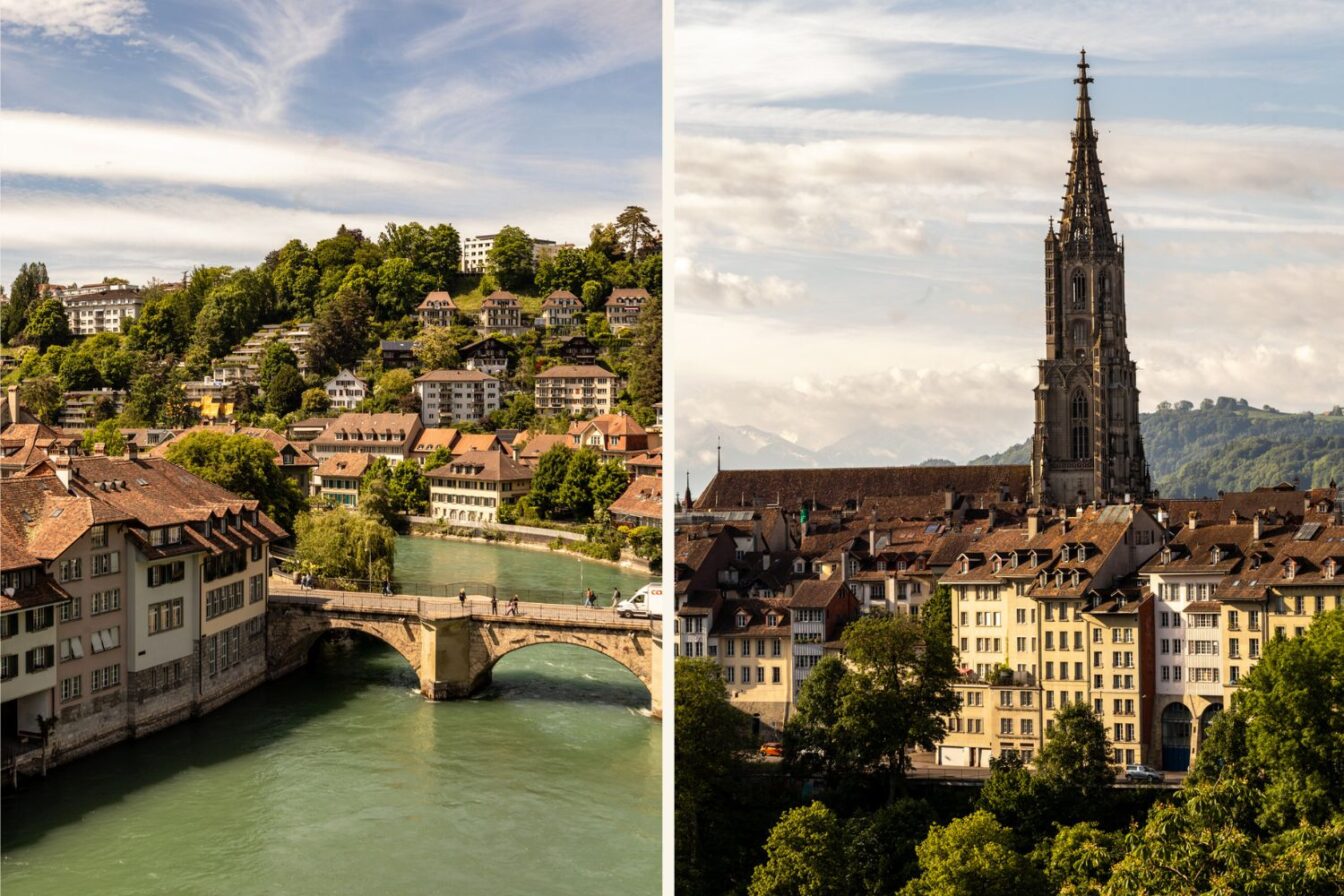Altstadt von Bern mit der Aare, historischen Häusern und der Kirchenbrücke im Vordergrund sowie dem Berner Münster – dem höchsten Kirchturm der Schweiz – vor alpiner Kulisse.