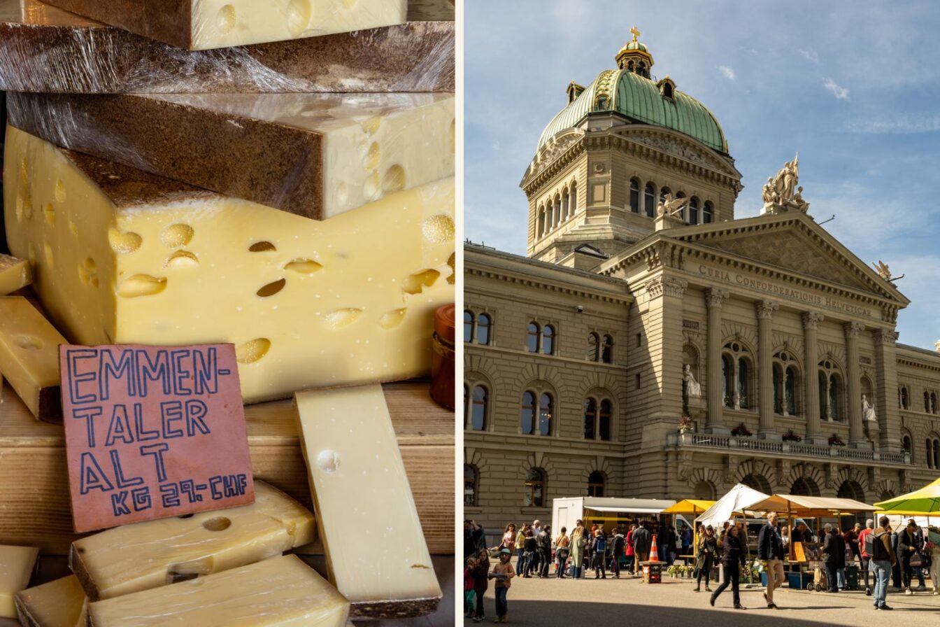 Frischer Emmentaler Käse mit typischer Lochstruktur auf einem Marktstand in Bern, daneben das bunte Markttreiben vor dem Bundeshaus auf dem Bundesplatz. Der Berner Wochenmarkt findet mehrmals pro Woche statt und bietet regionale Spezialitäten wie Käse, Gemüse, Blumen und handgemachte Produkte. Ein lebendiger Ort, an dem sich Einheimische und Besucher:innen treffen, um das kulinarische Erbe der Schweiz zu entdecken.