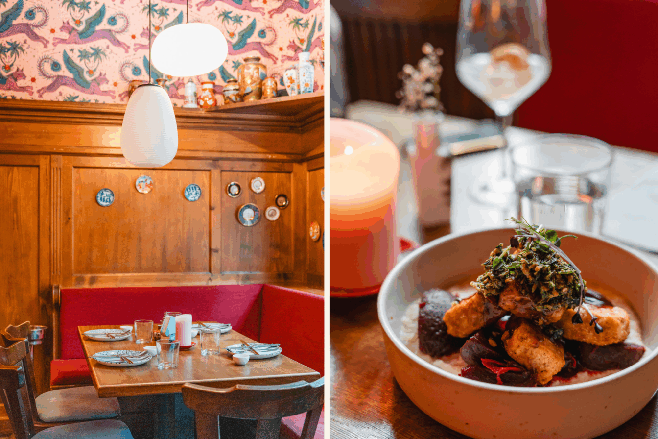 Ein japanisch-bayerisches Restaurant in München mit bunten Tapeten und Tapas-Gerichten.