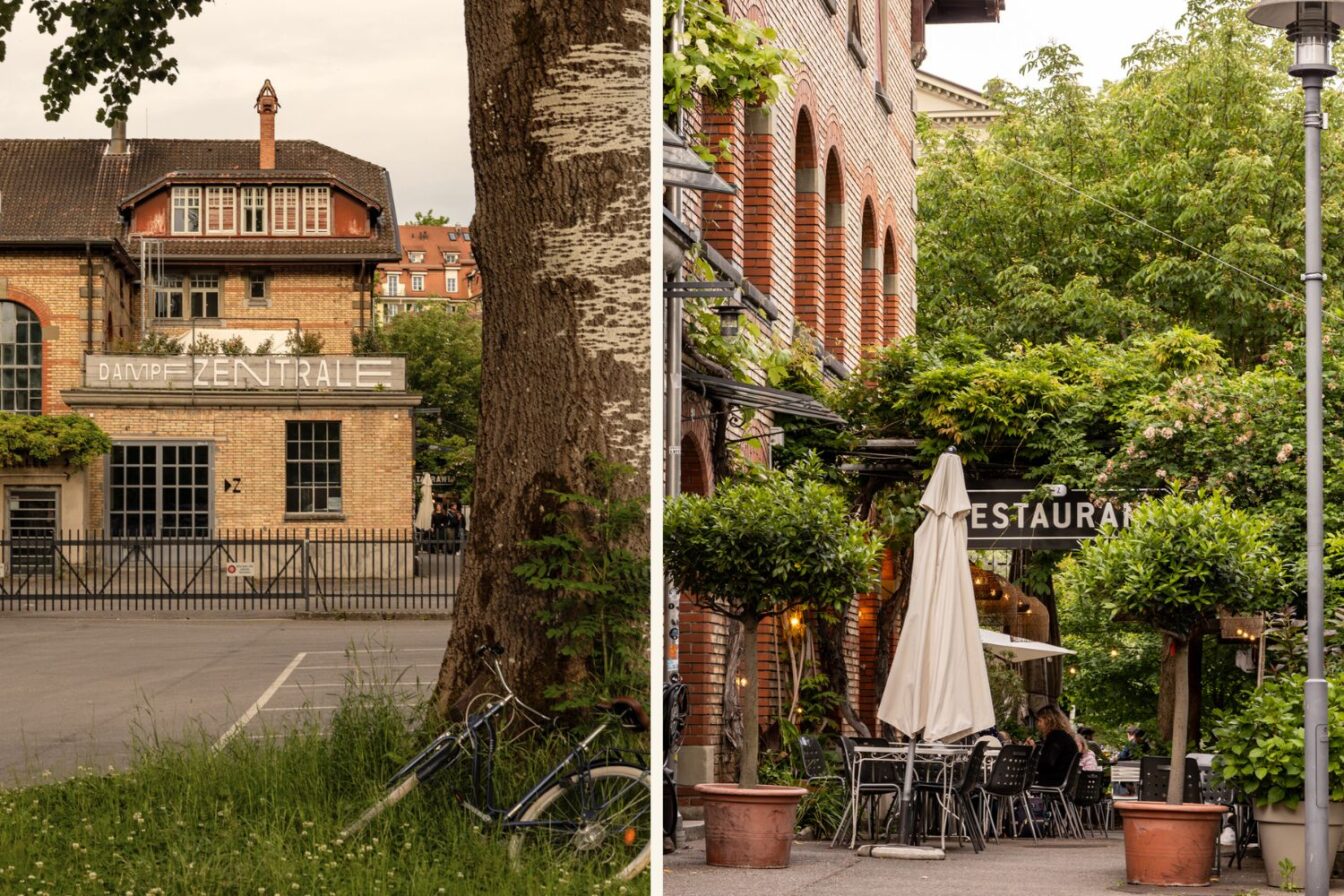 Blick auf die Dampfzentrale Bern – ein ehemaliges Industriegebäude direkt an der Aare, das heute als beliebtes Kulturzentrum, Restaurant und Treffpunkt dient. Das rote Backsteinhaus mit charmantem Gastgarten zieht Kulturinteressierte, Genießer:innen und Nachtschwärmer:innen gleichermaßen an. Die Dampfzentrale bietet zeitgenössische Tanz- und Theaterproduktionen sowie eine der schönsten Terrassen Berns – ideal für laue Sommerabende mit Blick ins Grüne.