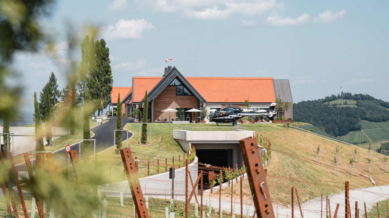 Blick über Weinberge hinweg zu einem Weingut in der Südsteiermark.