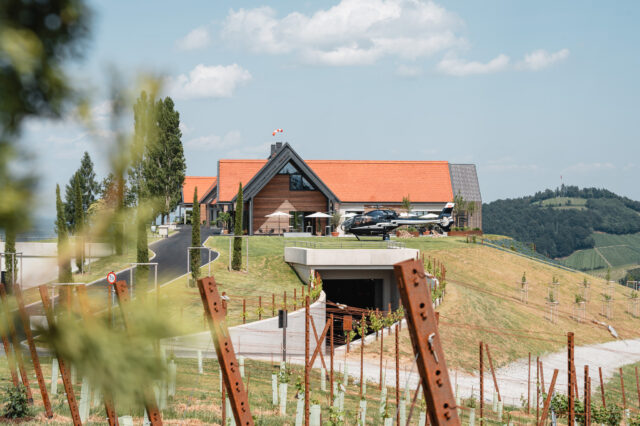 Blick über Weinberge hinweg zu einem Weingut in der Südsteiermark.