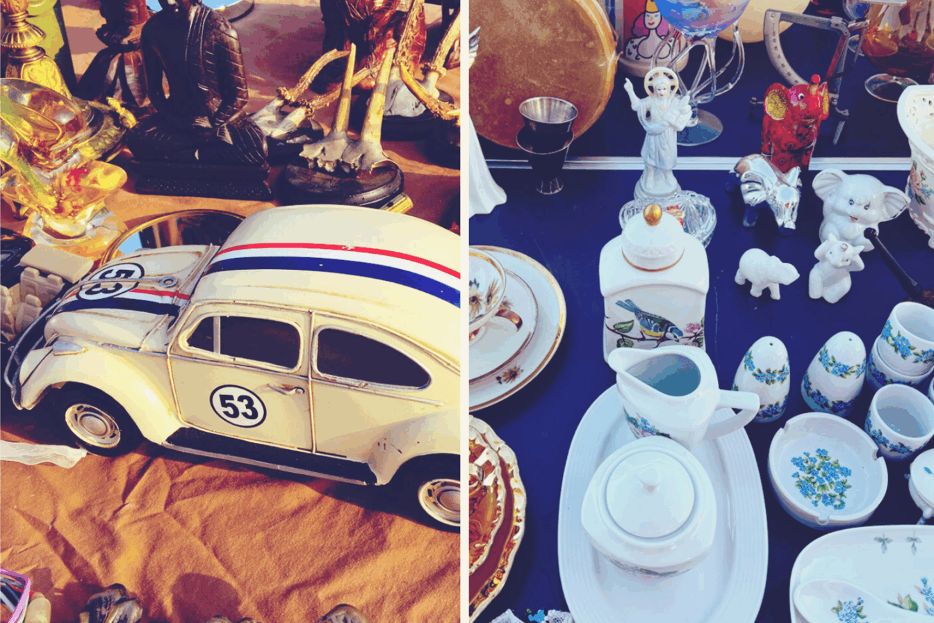 Antiquitäten und Deko auf einem Flohmarktstand mit Retro-Charme.