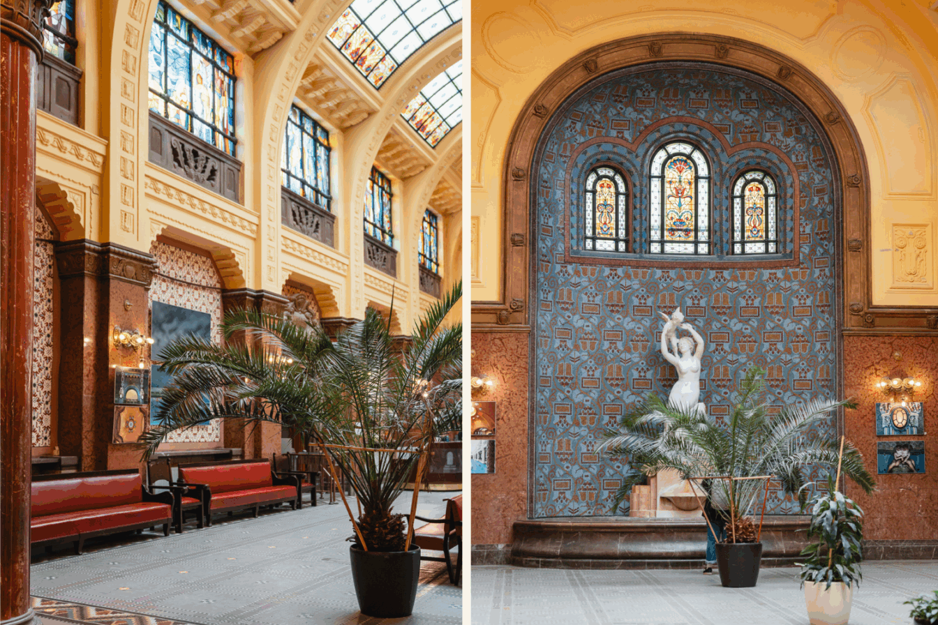 Impressionen aus dem Gellértbad in Budapest, gelbe Wände, Jugendstil, Pflanzen, Skulpturen.