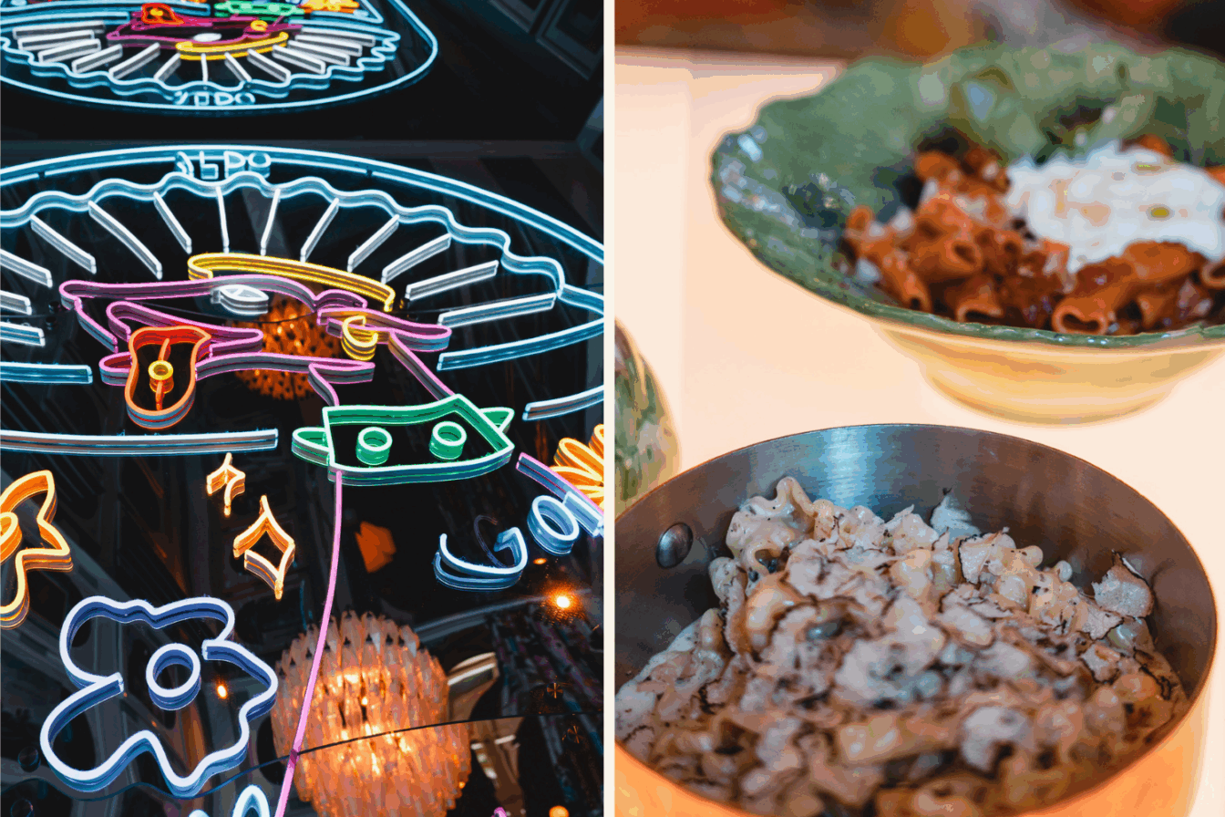 Bunte Neonröhren-Kunst an den Wänden und Trüffelpasta in einem Restaurant in München.