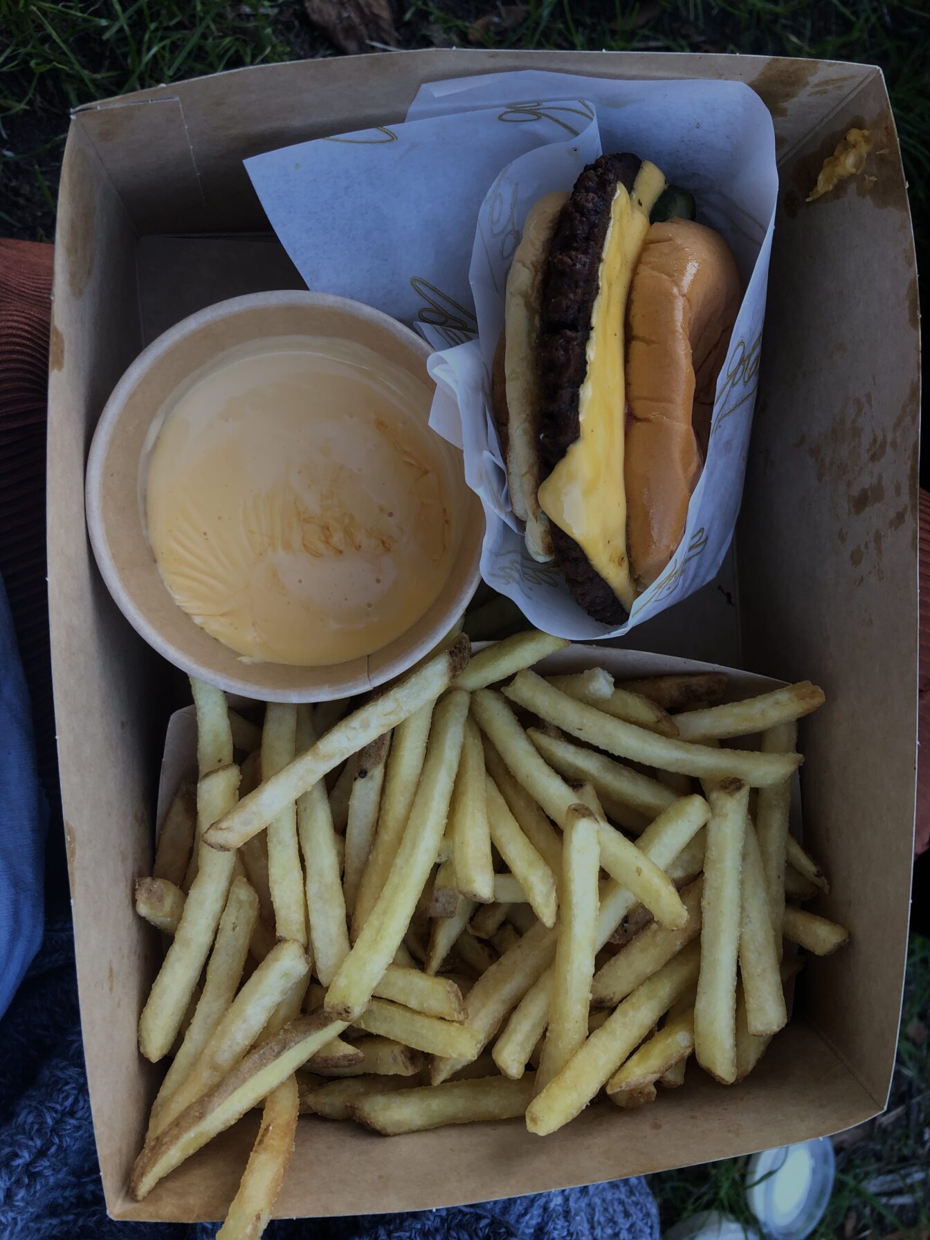 Burger-Menü von Goldies Berlin: In einer braunen Pappbox liegen knusprige Pommes, ein Cheeseburger mit fluffigem Bun und geschmolzenem Käse sowie ein Becher mit cremiger Käsesauce. Das Essen befindet sich auf einem Schoß im Freien, im Hintergrund ist etwas Gras zu sehen.