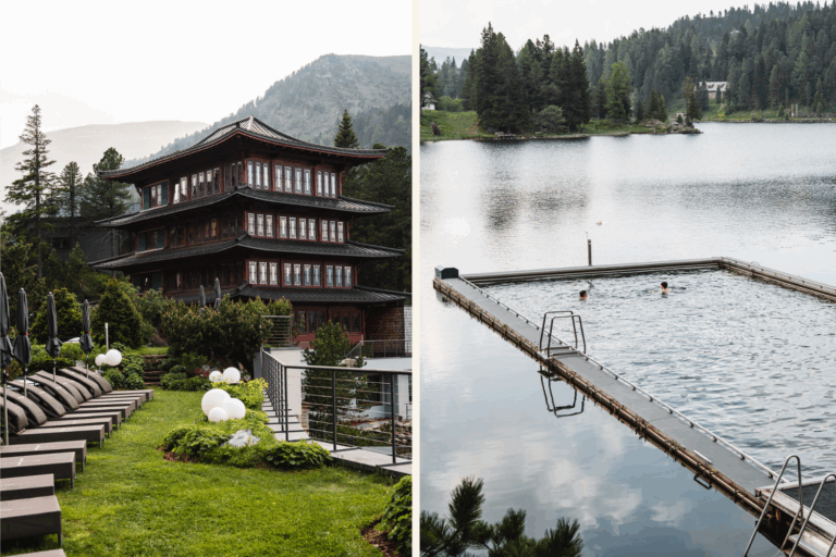 Eine Wiese mit Liegen und einem chinesischen Turm im Hintergrund sowie ein See mit eingelassenem Becken.
