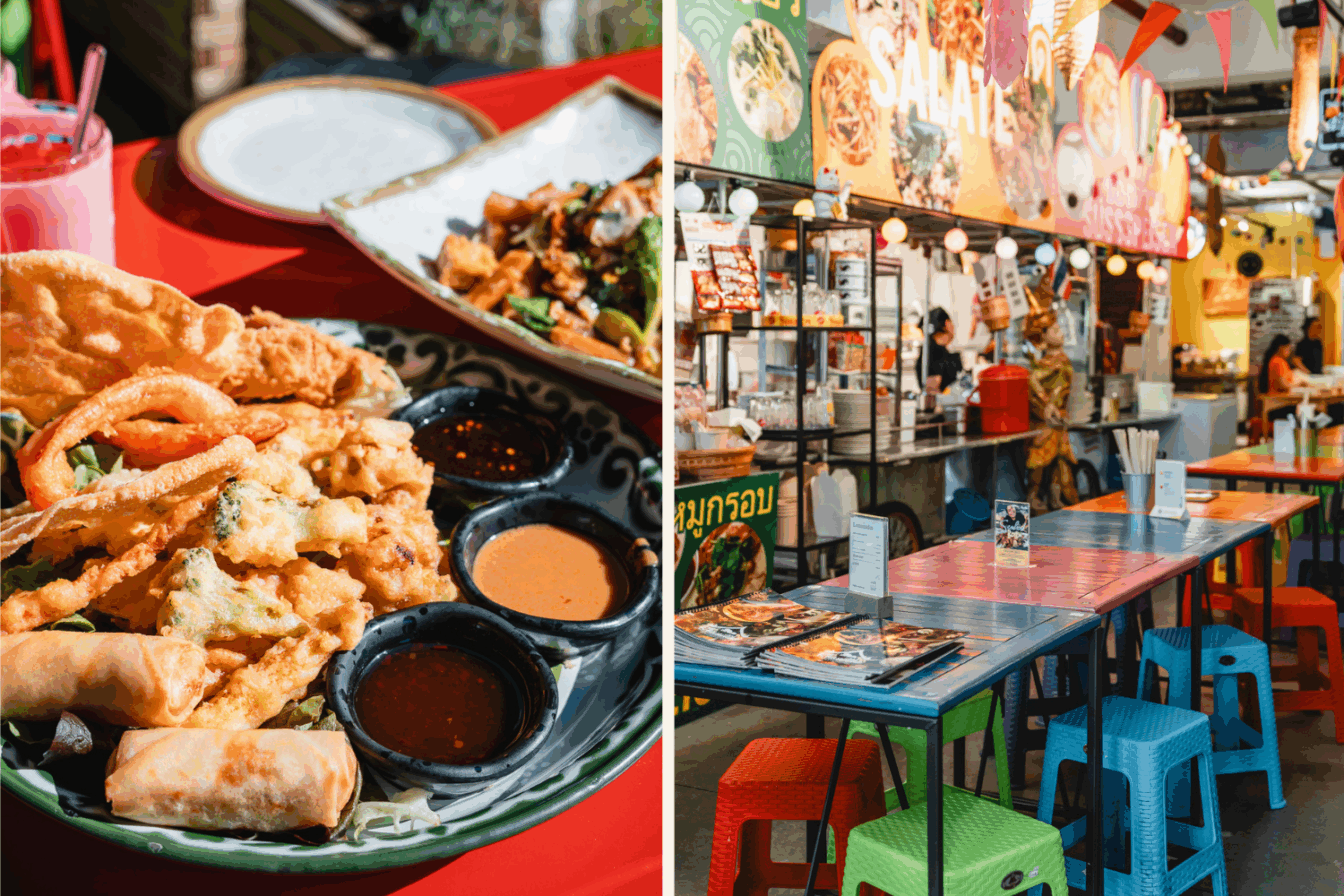 Eine Collage aus einem Restaurant in München mit thailändischer Küche und Nightmarket-Flair.