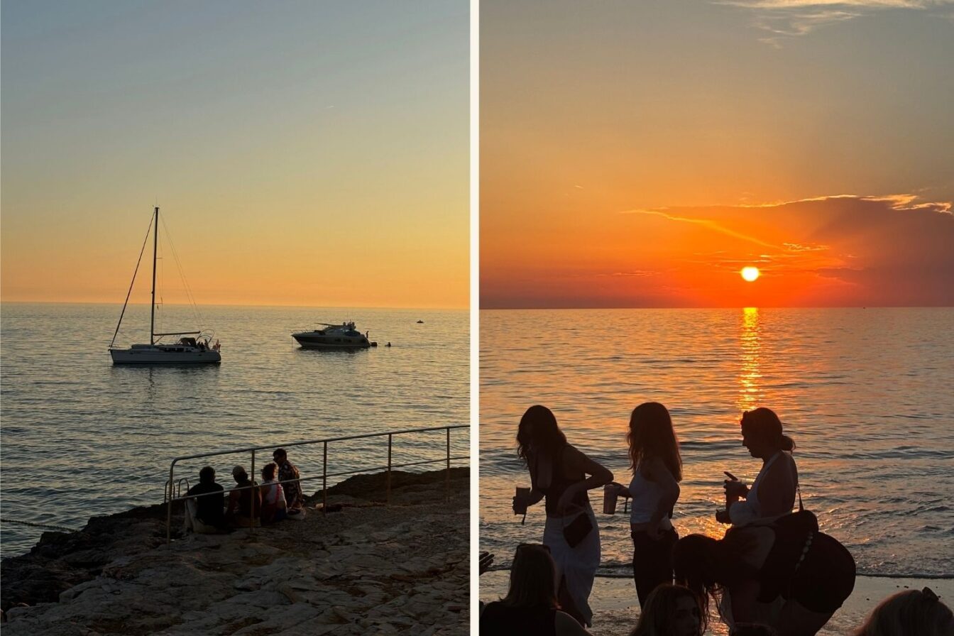 Zweiteiliges Bild eines Sonnenuntergangs an der Adriaküste in Nordkroatien. Links: Segel- und Motorboot treiben ruhig im goldenen Abendlicht vor Felsen, auf denen einige Menschen sitzen. Rechts: Silhouetten junger Menschen, die mit Getränken in der Hand am Ufer stehen, während die Sonne orange-glühend über dem Meer untergeht.