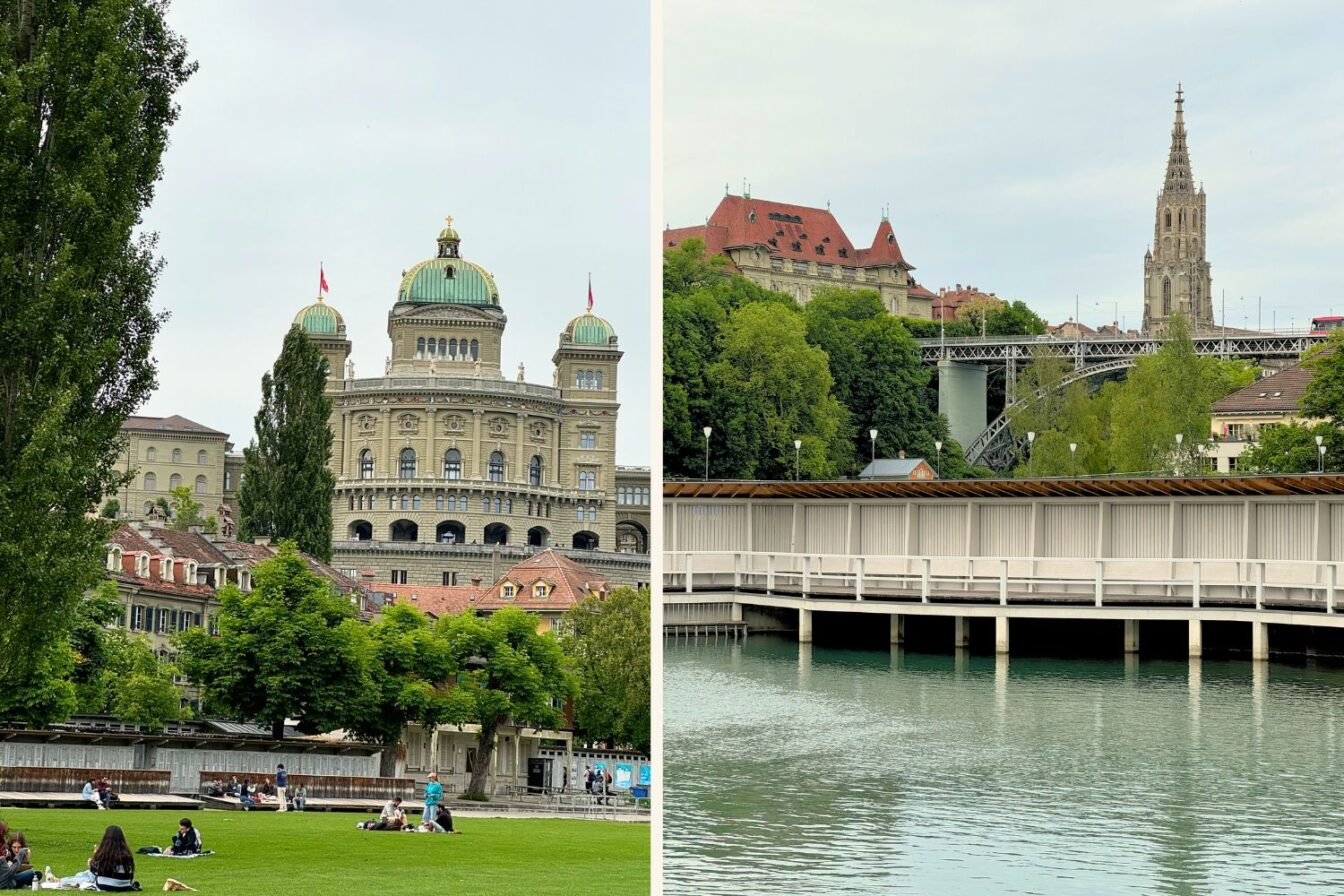 Blick auf das Schweizer Bundeshaus in Bern vom beliebten Freibad Marzili aus – grüne Liegewiese mit entspannten Menschen vor der imposanten Kulisse des Bundesgebäudes. Das Marzilibad ist eines der ältesten und bekanntesten Flussbäder der Schweiz, direkt an der Aare gelegen – ein Must-See im Sommer für Einheimische und Besucher:innen.“