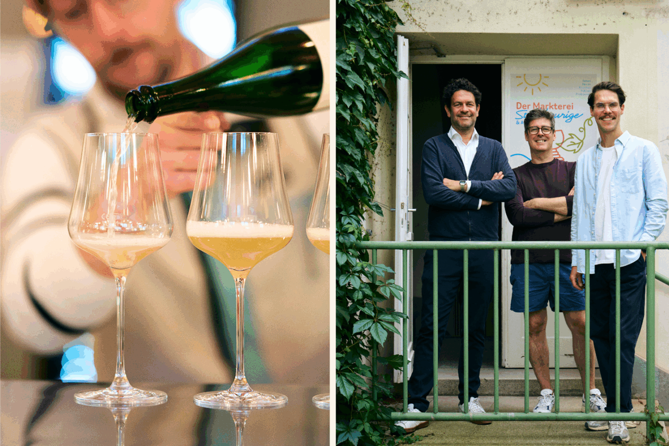 Eine Collage aus zwei Bildern, die Weingläser und drei Männer vor einer grünen Fassade zeigen.
