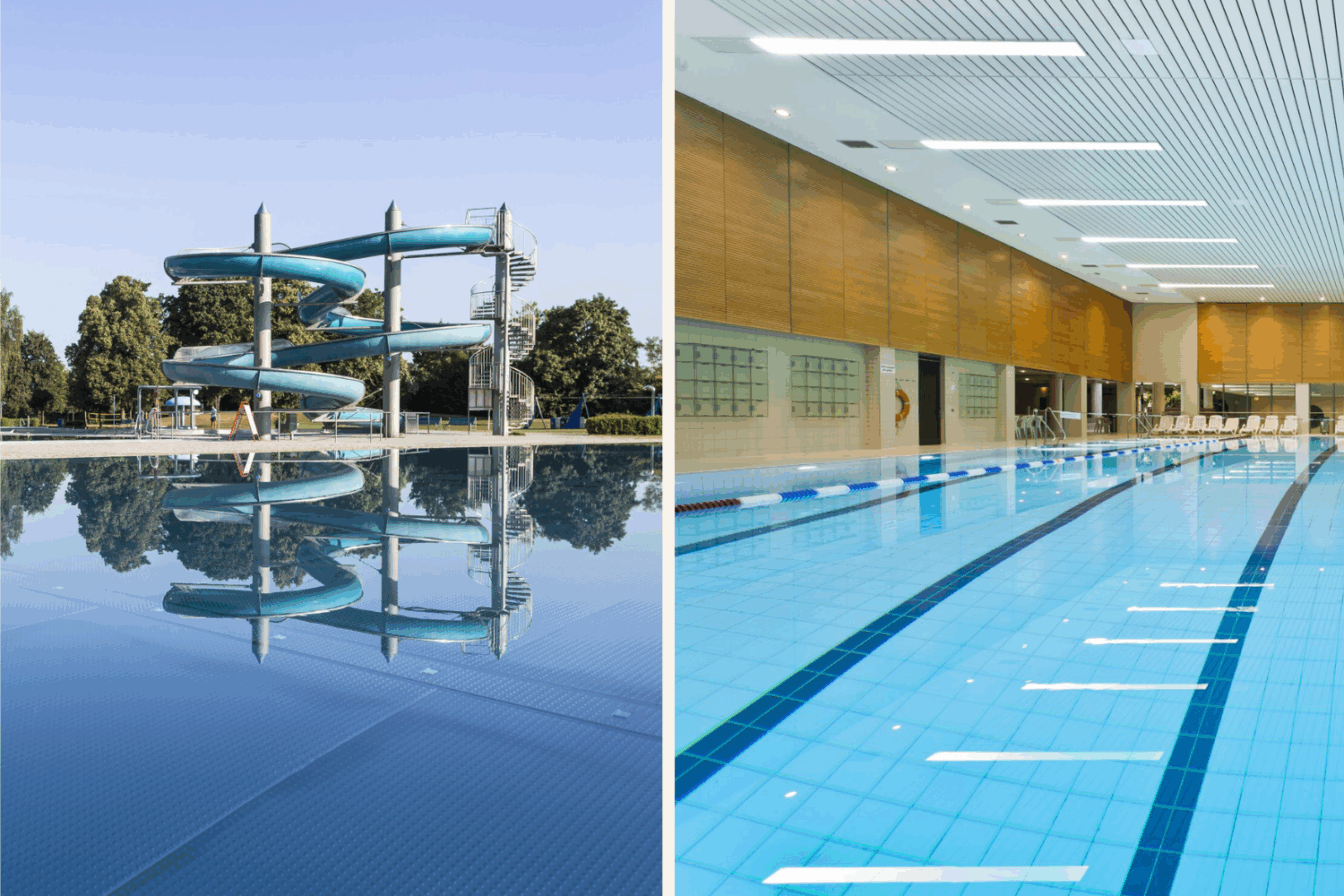 Eine lange Wasserrutsche im Freibad und ein Sportschwimmerbecken im Schwimmbad in München.