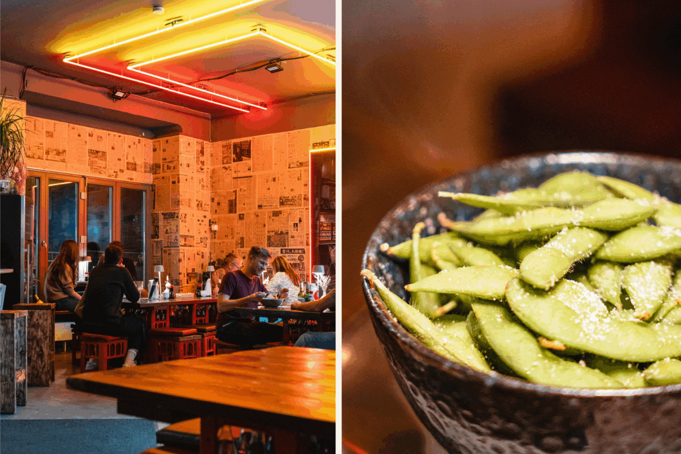 Ein bunt beleuchtetes Sushilokal und Edamame in München