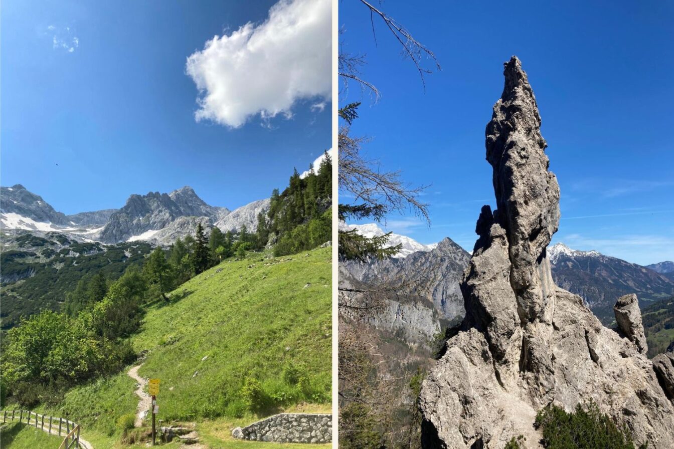 Zweiteiliges Bild vom Stoderer Dolomitensteig in Oberösterreich. Links ein grüner Wanderpfad, der sich durch Almwiesen mit vereinzelten Bäumen schlängelt, im Hintergrund schroffe, schneebedeckte Gipfel unter blauem Himmel mit einer großen weißen Wolke. Rechts eine markante, spitze Felsformation ragt spektakulär in den Himmel, umgeben von felsigem Gebirge mit einzelnen Schneeflecken und bewaldeten Hängen.