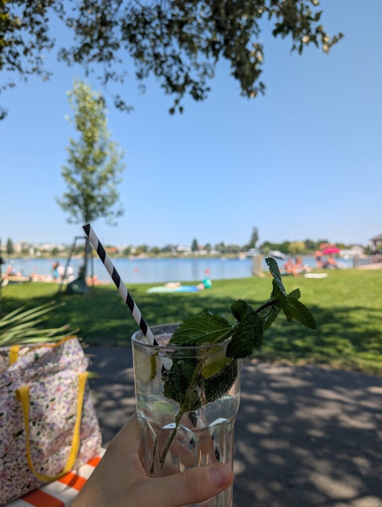 ein Cocktail im Vordergrund, im Hintergrund eine Liegewiese und die Donau im Strandbad Alte Donau in Wien