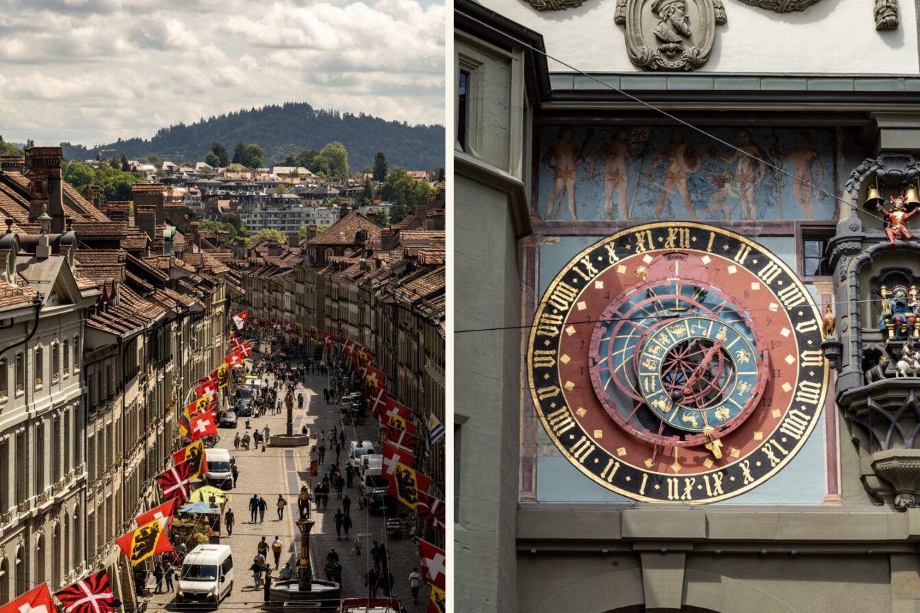 Festlich geschmückte Kramgasse mit Berner und Schweizer Fahnen in der Altstadt von Bern – im Mittelpunkt der historische Zytglogge, eine astronomische Uhr mit aufwendigem Zifferblatt und Figurenmechanik. Der Zeitglockenturm aus dem 13. Jahrhundert zählt zu den bekanntesten Wahrzeichen der Stadt und ist ein Highlight jeder Stadtführung. Die belebte Fußgängerzone lädt zum Flanieren und Fotografieren ein – mitten im UNESCO-Weltkulturerbe.