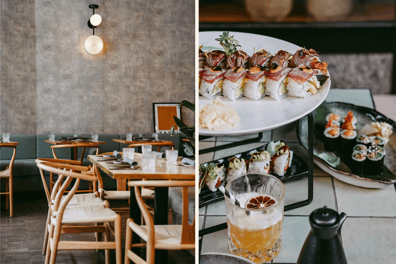 Eine Collage aus einem Restaurant mit hübscher, stilvoller Inneneinrichtung und einem vollgedeckten Tisch mit Sushi.